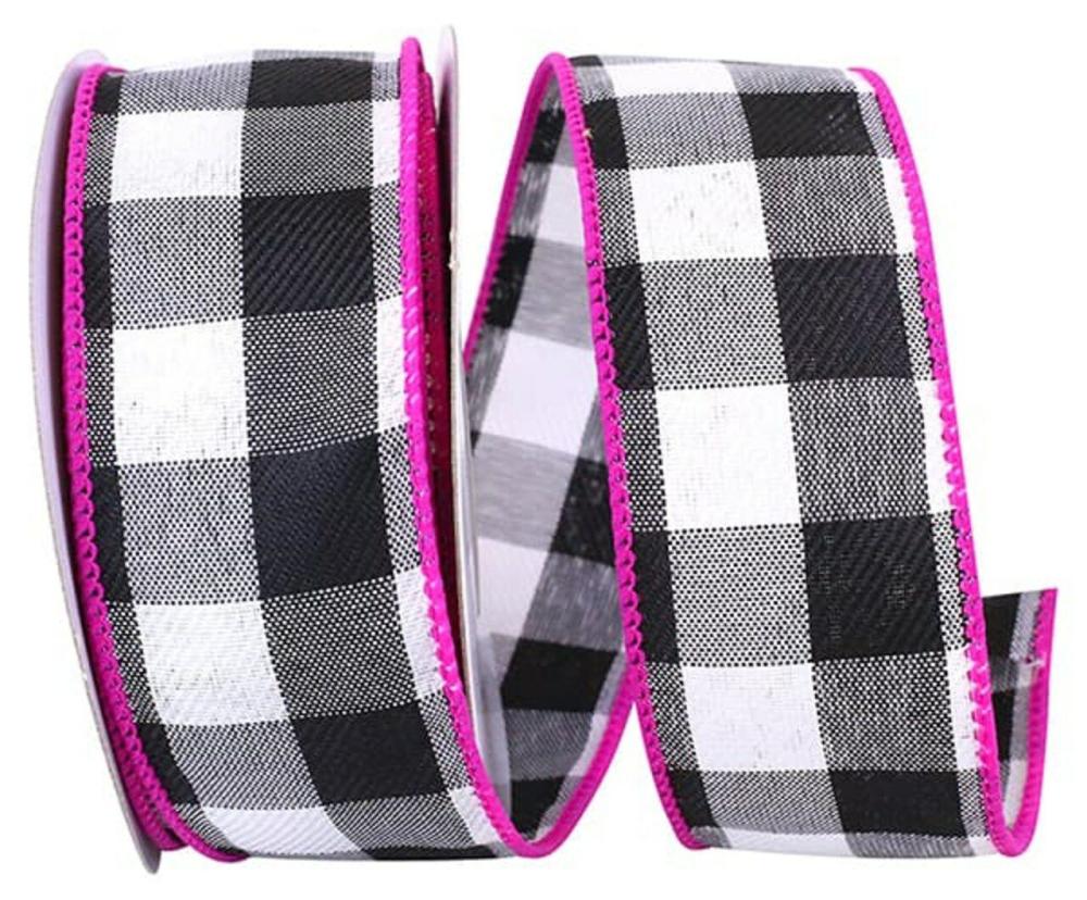 Decorative Ribbon | 1.5 in x 10 yards — Celine Plaid Twill Wired Edge Ribbon — White/ Black/ Fuchsia Color Decorative Ribbon Decorative Ribbon