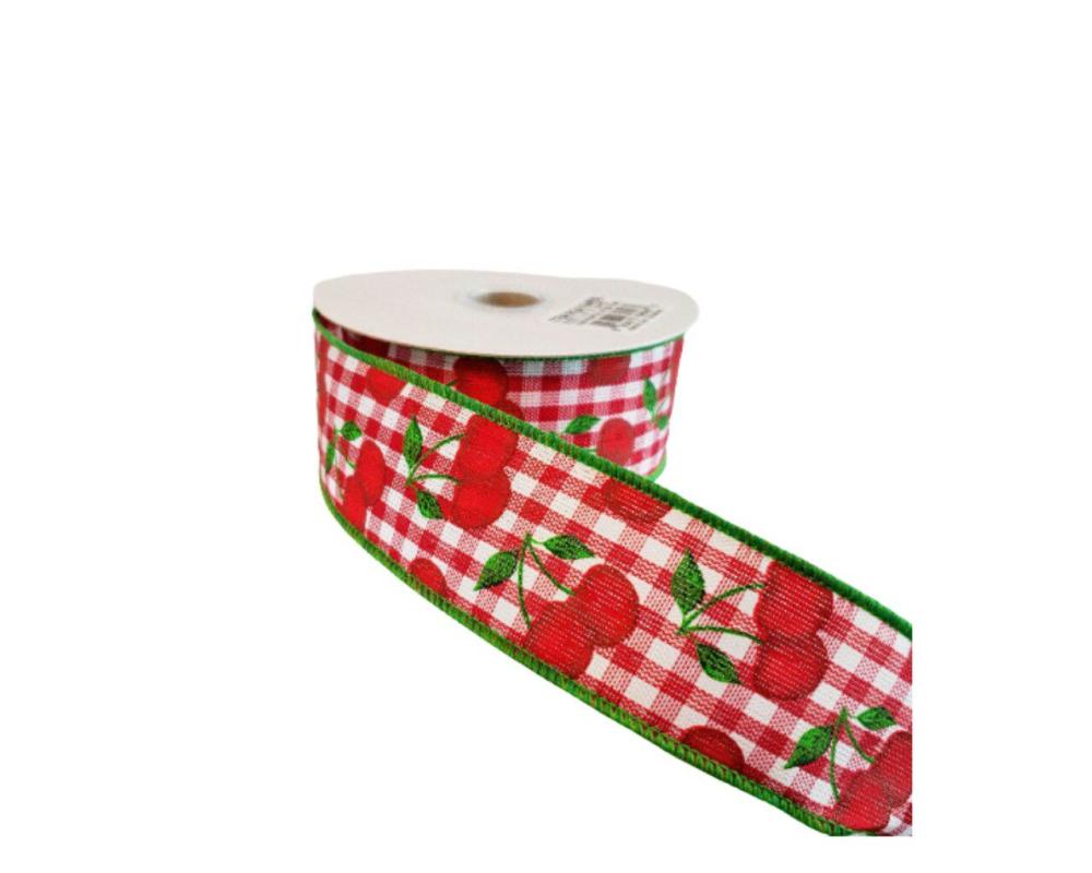 Decorative Ribbon | 1.5″x10YD Cherries on Gingham Check Ribbon – Playful Charm in Red, White, and Green-RGA164956 Decorative Ribbon Decorative Ribbon