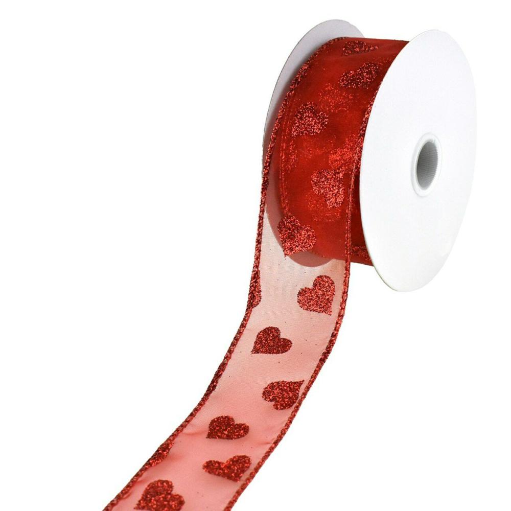 Decorative Ribbon | 10 yards Glittering Hearts Valentine’s Day Wired Ribbon Decorative Ribbon Decorative Ribbon