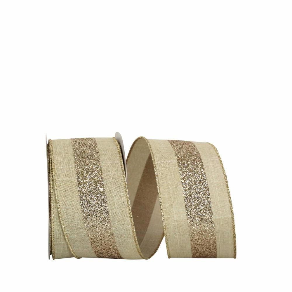 Decorative Ribbon | 2.5″ x 10yd. Natural & Gold Wired Glitter Grand Center Stripe Linen Fabric Decorative Ribbon Decorative Ribbon