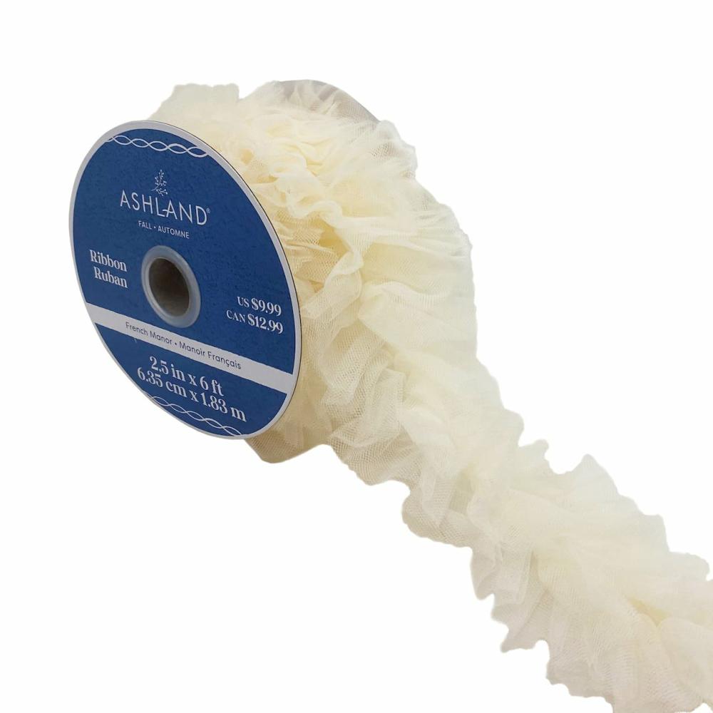 Decorative Ribbon | 2.5″ x 6ft. Cream Tulle Ruffle Ribbon Decorative Ribbon Decorative Ribbon