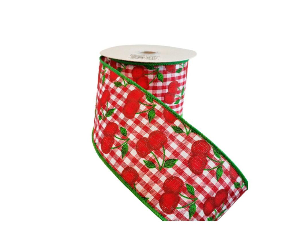 Decorative Ribbon | 2.5″x10YD Cherries on Gingham Check Ribbon – Playful Red, White, and Green Delight-RGA165056 Decorative Ribbon Decorative Ribbon