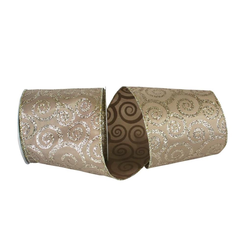 Decorative Ribbon | 4″ x 10yd. Champagne Wired Swirl Glitter Taffeta Ribbon Decorative Ribbon Decorative Ribbon