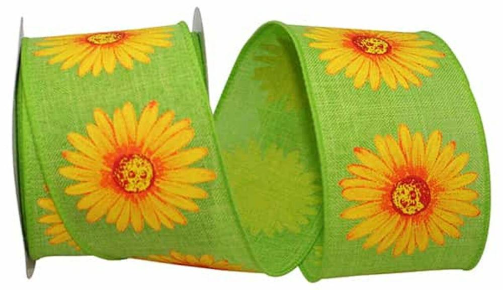 Decorative Ribbon | Gerbera Daisy Linen Ribbon — 2.5″ x 10 yards — Lime / Yellow Color Decorative Ribbon Decorative Ribbon