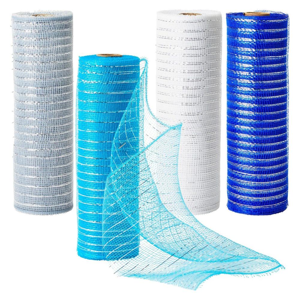 Mesh | 4 Pack 10 Inch Deco Mesh Ribbon Rolls for Easter Wreath, Craft Mesh, Metallic Poly Burlap in Blue, Silver, White, and Royal Blue, 10 In x 30 Ft (10 Yd) Multicolor Mesh Mesh