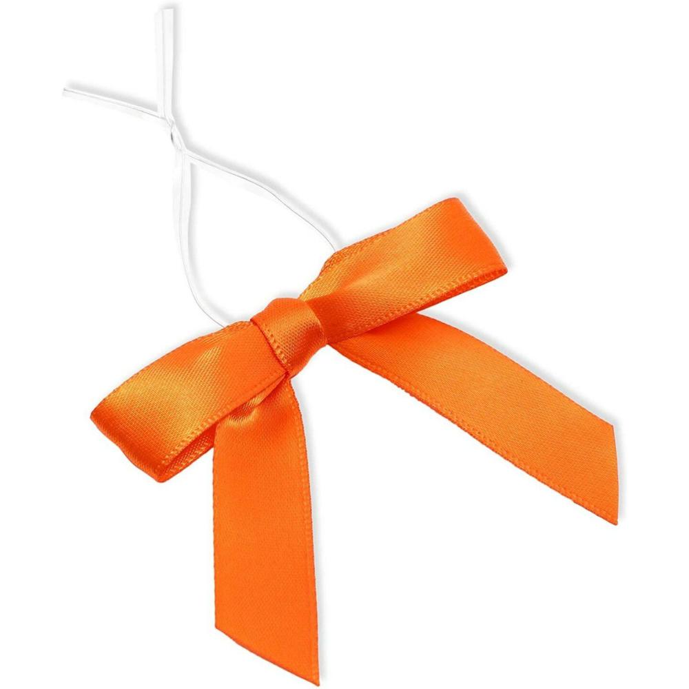 Premade Bows | 100 Pack Orange Bow Twist Ties for Treat Bags, 3-Inch Pre-tied Satin Ribbons for Crafts, Gift Wrap, Themed Party Favors, Baked Goods Orange Premade Bows Orange