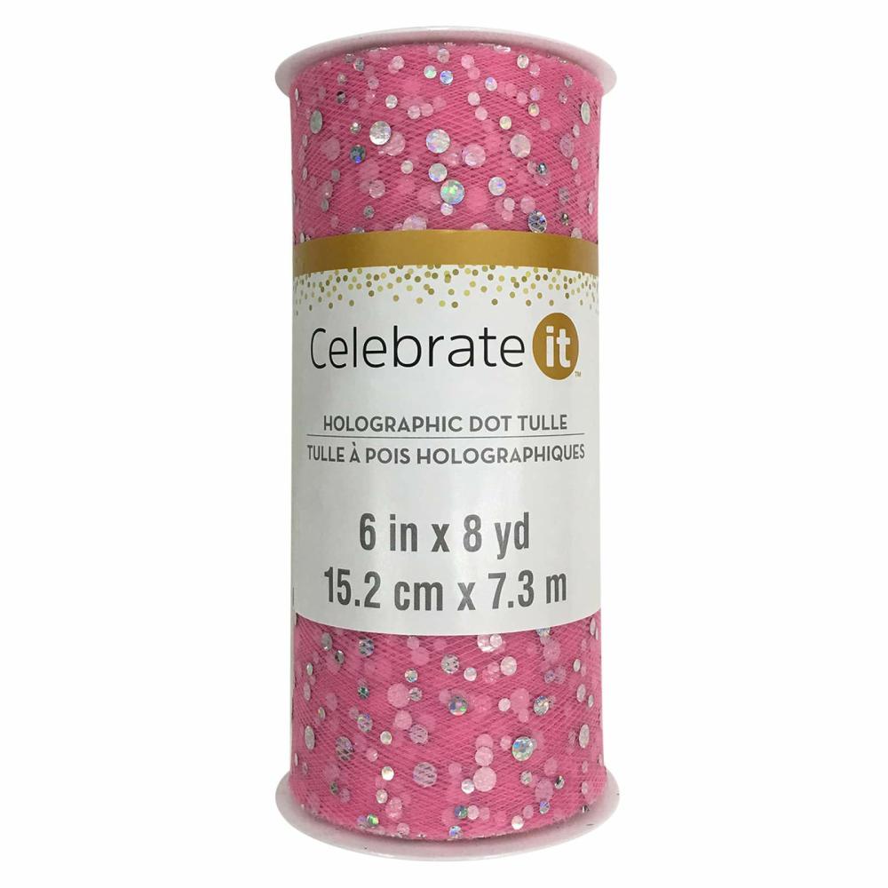 Tulle | 24 Pack: 6″ Holographic Dot Tulle Pink Ribbon Pink