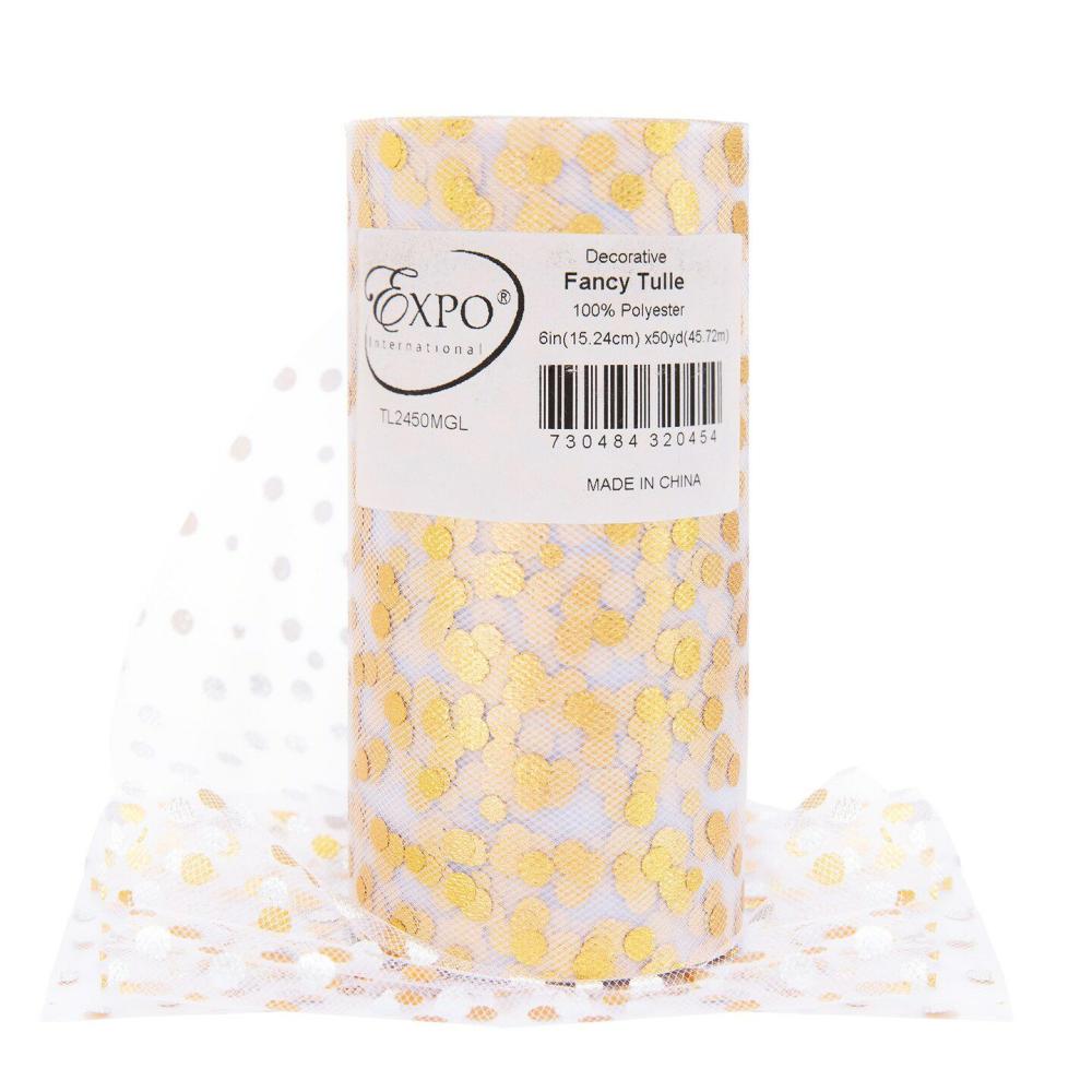 Tulle | Decorative Fancy Foil Polka Dot Tulle, Roll/Spool of 6” X 50 Yards Metallic Gold Ribbon Metallic Gold