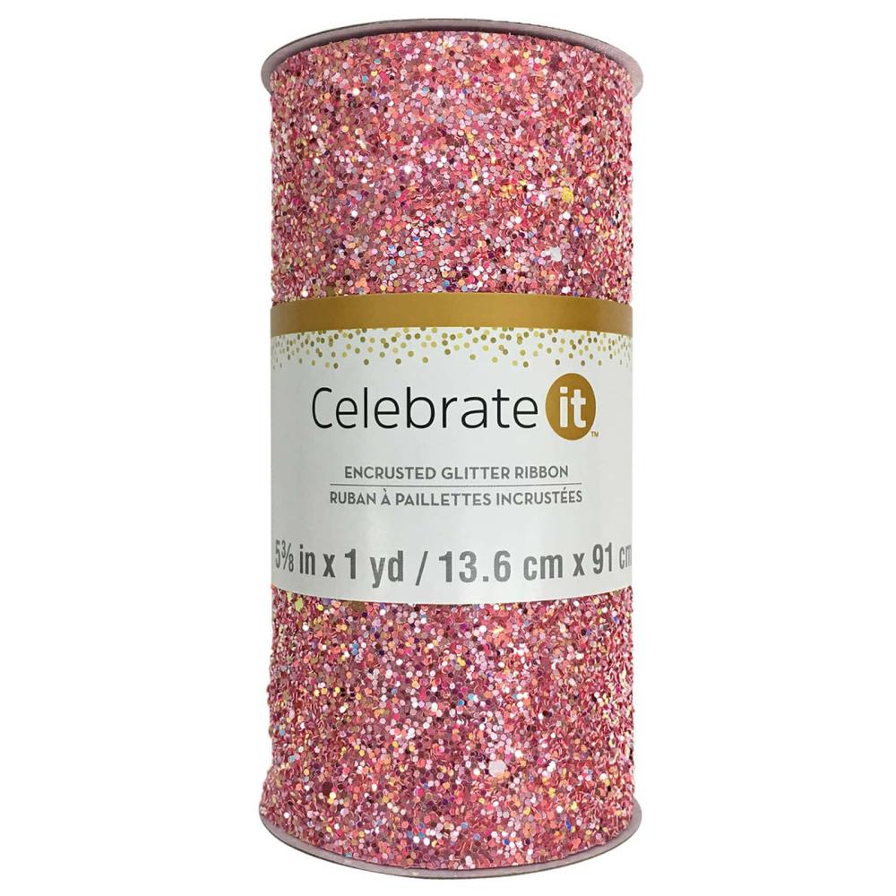 Decorative Ribbon | 5.375″ Encrusted Glitter Ribbon Pink Decorative Ribbon Decorative Ribbon