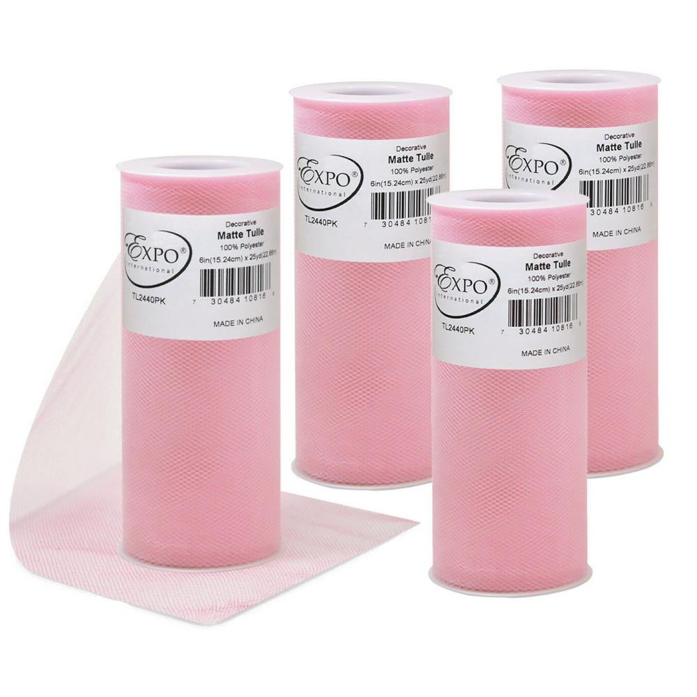 Tulle | Decorative Matte Tulle, Roll/Spool of 6” X 25 Yards, Pack of 4 Pink Ribbon Pink