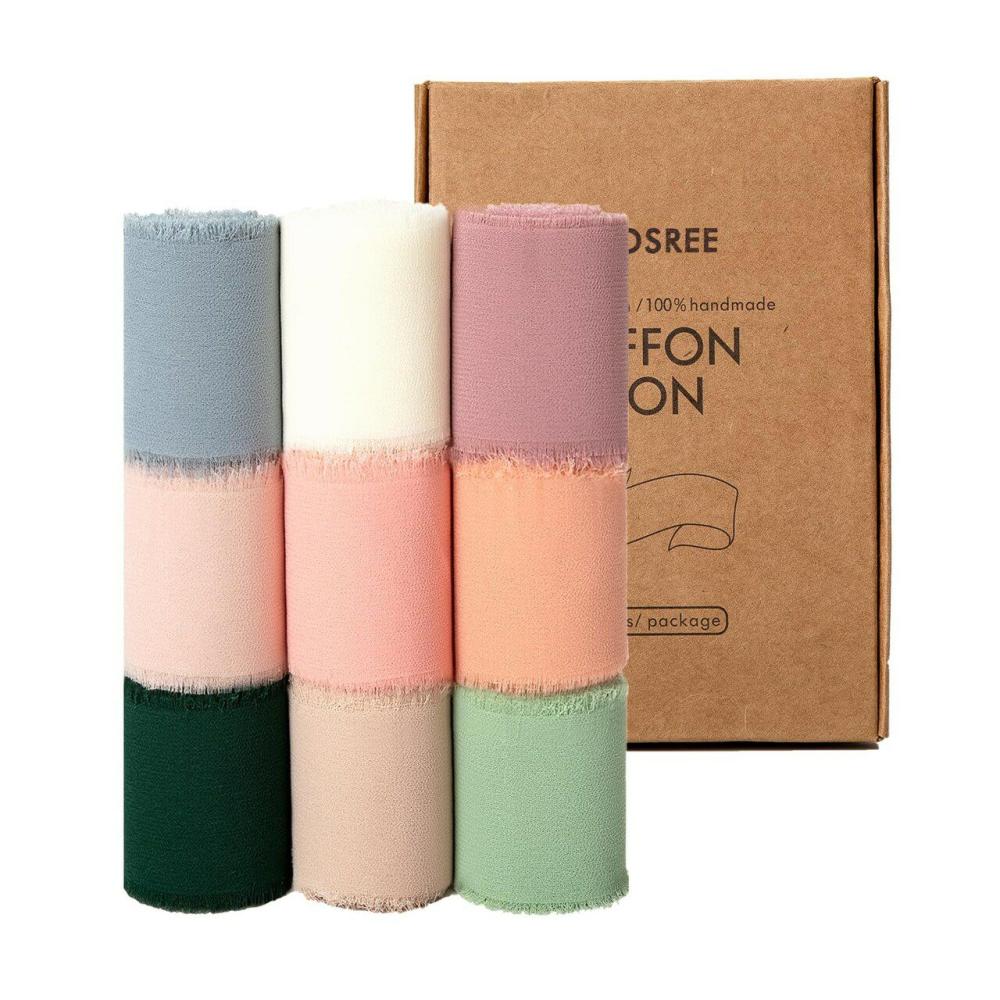 Value Pack Ribbon | 9 Rolls Multicolour Handmade Chiffon Ribbon,1.5″ x 21Yd Frayed Fringe Silk Ribbons (9 Rolls *2.3Yd) for Gifts Wrapping, Wedding Invitations, Bridal Bouquets, Decorations Ribbon Value Pack Ribbon